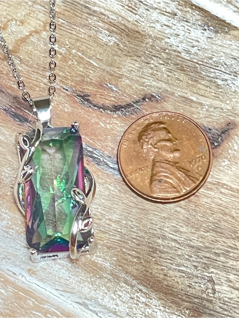 Multicolor AB Stone Pendant Necklace in Green and Pink Tones Set in Sterling - Picture 3 of 4